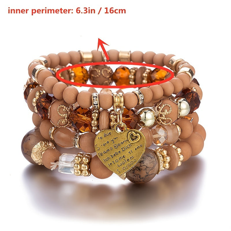 Heart charm bead layered bracelet set with tan beads, gold-tone charms, and heart pendant