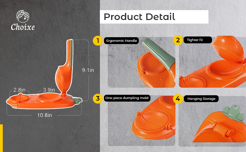 Orange manual dough press with green handle, one-piece mold, and hanging storage
