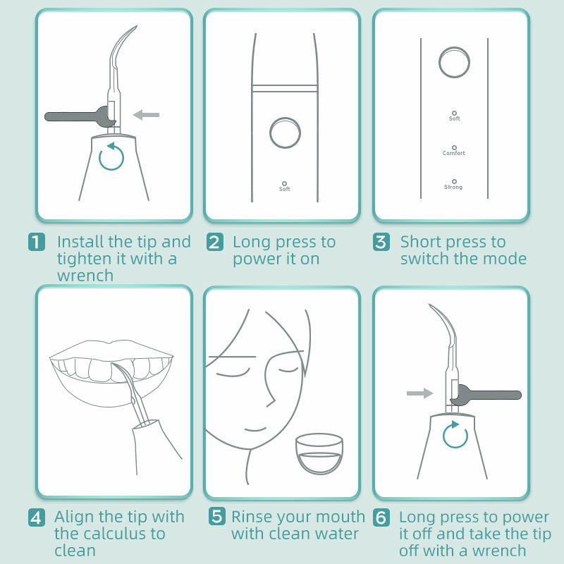Electric dental plaque remover kit instructions with nozzle, wrench, and use steps