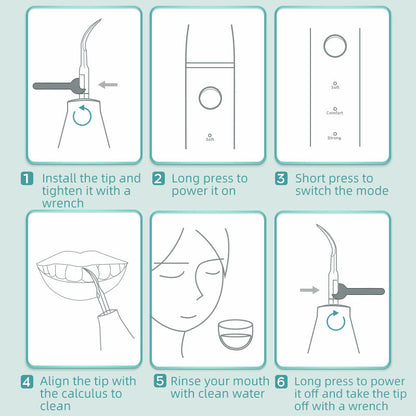 Electric dental plaque remover kit instructions with nozzle, wrench, and use steps
