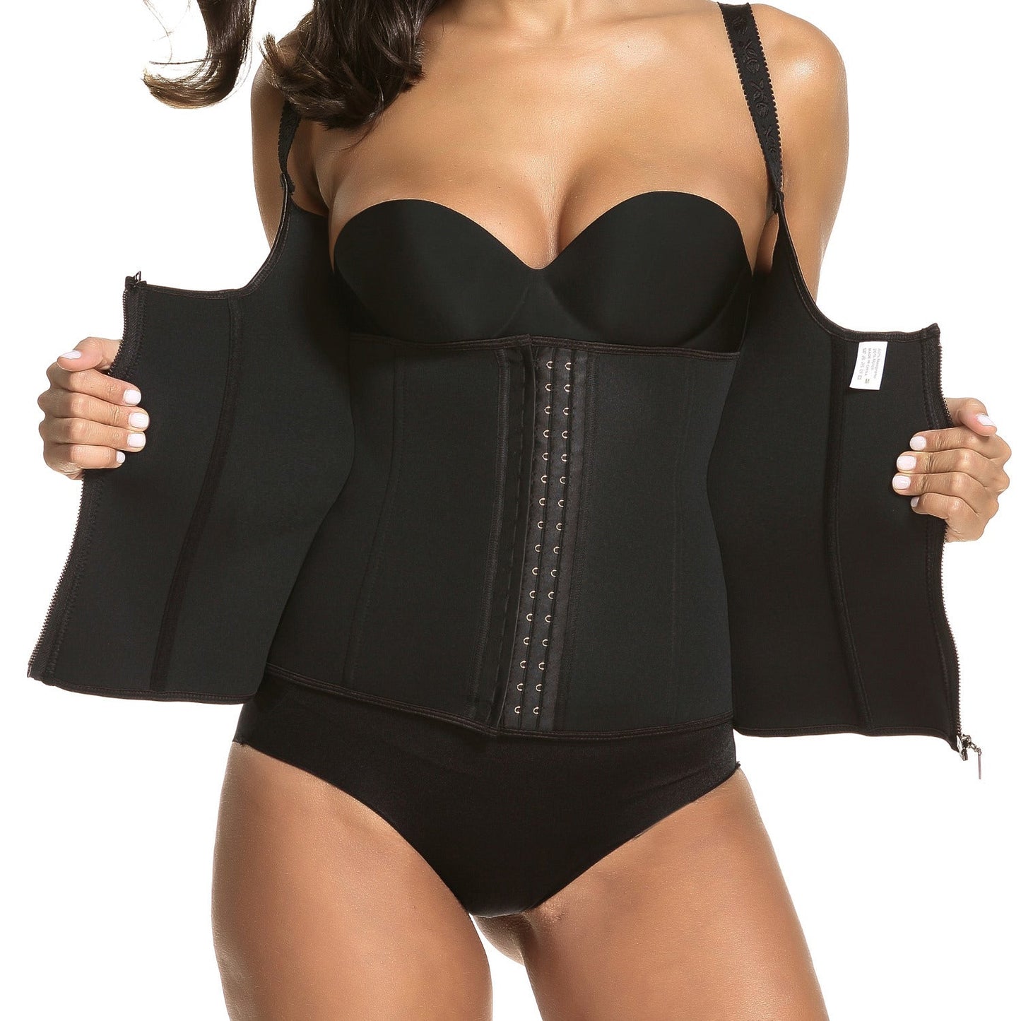 Black waist trainer corset with adjustable straps and front zipper panel
