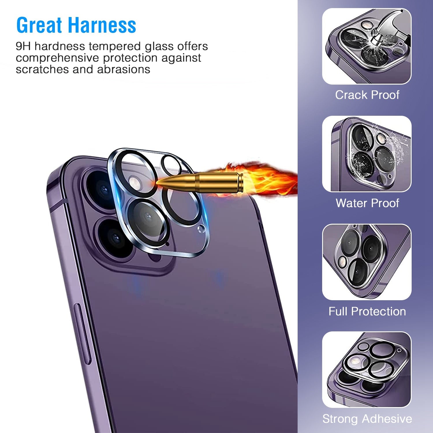 Tempered glass camera lens protectors on a phone, covering camera lenses