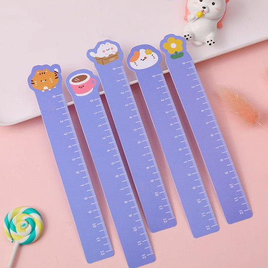Set of 5 thin rulers in blue, with cute animal icons and inch markings