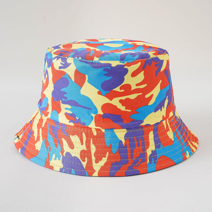 Multicolor camouflage fisherman bucket hat, wide brim with stitched chin strap