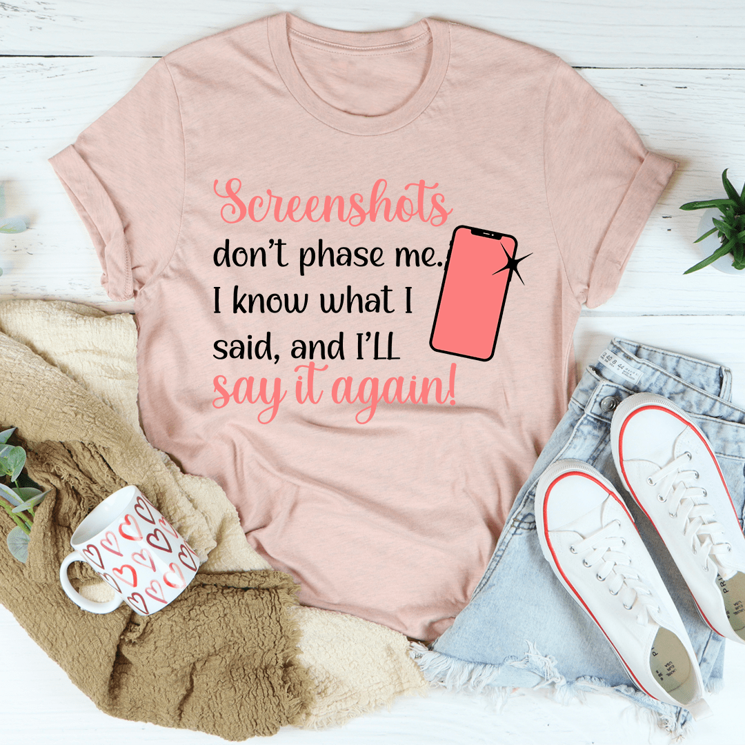 Peach crew-neck T-shirt with front quote and pink phone graphic