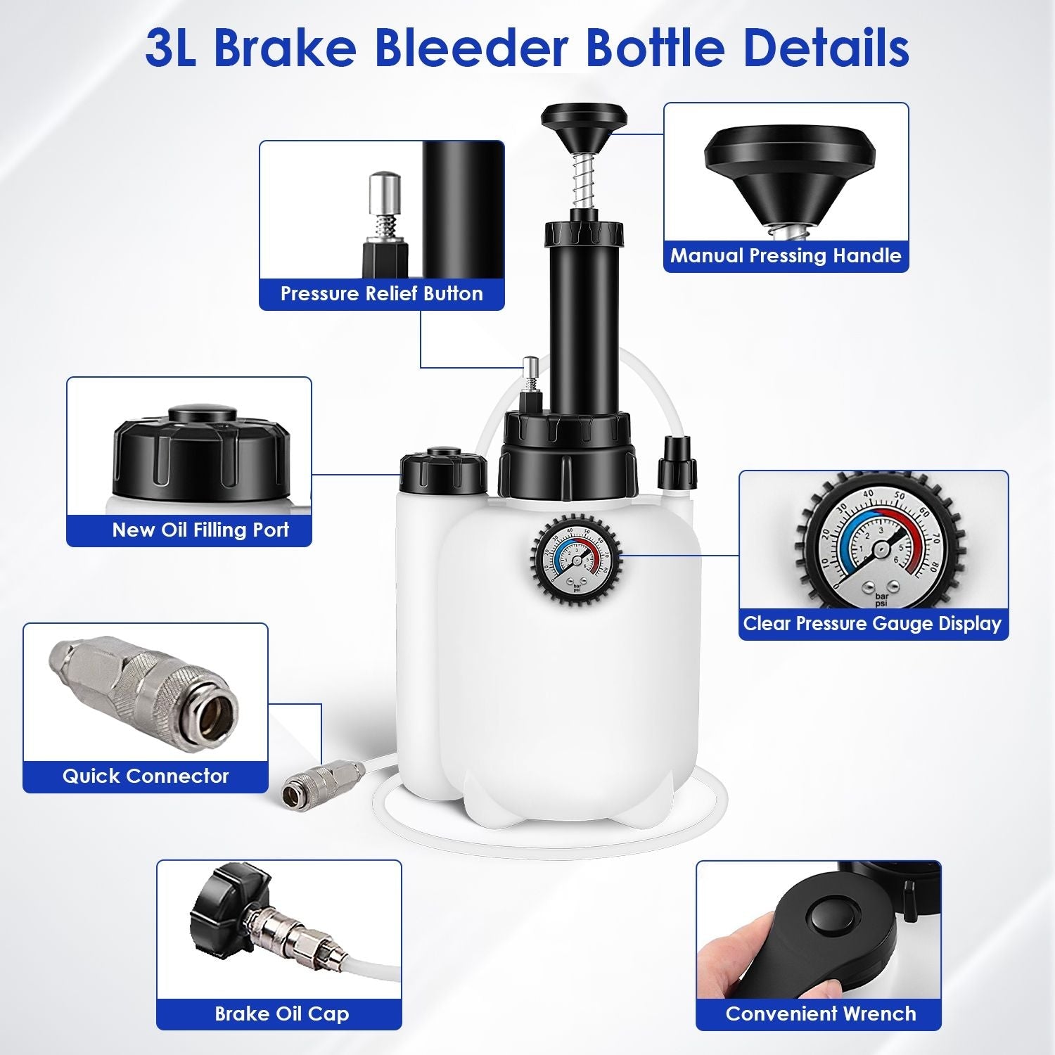 3L brake bleeder bottle details with pressure gauge, manual handle, clear relief button, fittings