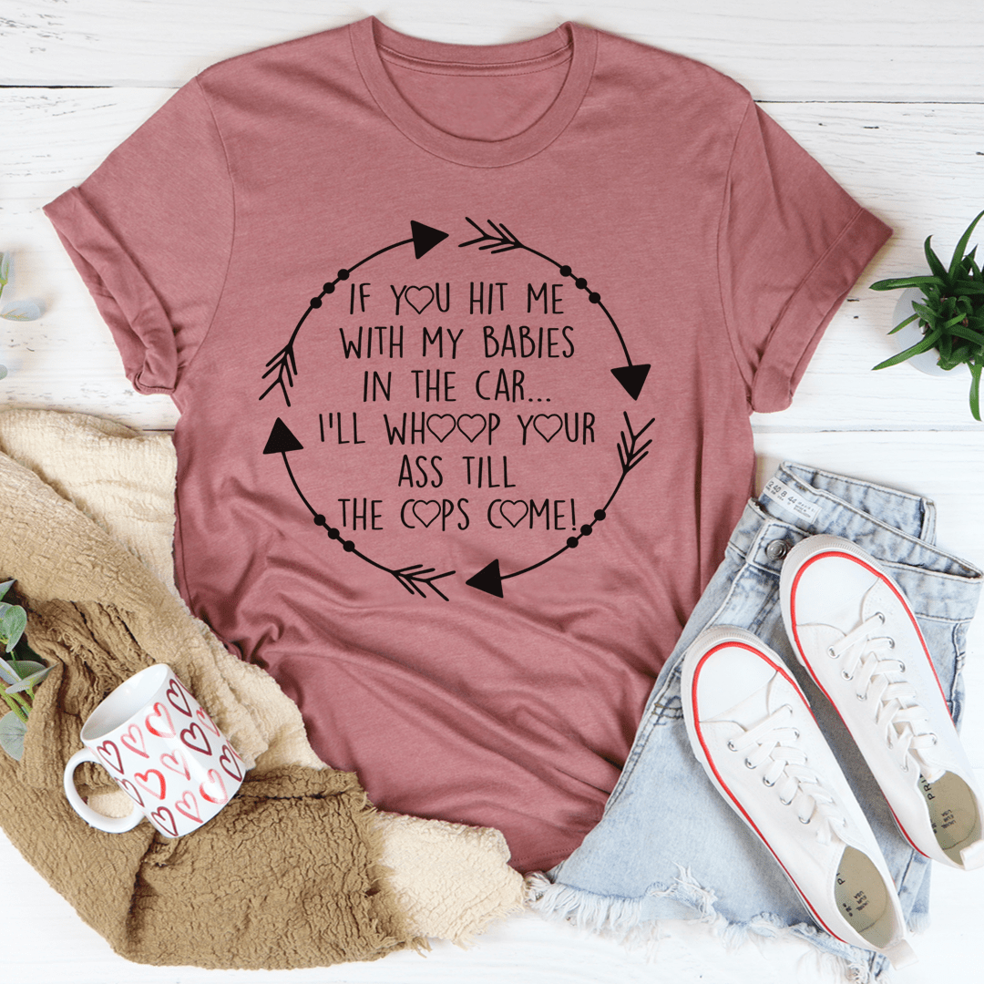 Mauve crew-neck T-shirt with black circular arrow text graphic