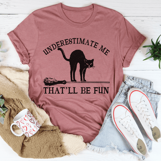 Mauve cat T-shirt with black cat silhouette and 'That'll be fun' graphic