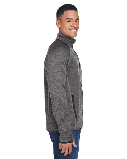 Men's charcoal-gray bonded fleece jacket, side view with full zip and high collar