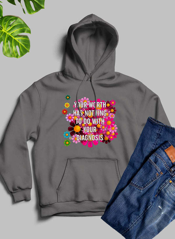 Dark heather hoodie with front pocket and colorful diagnosis-themed text graphic