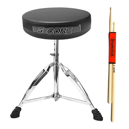 Black padded round drum throne seat with 5 CORE logo and chrome tripod legs