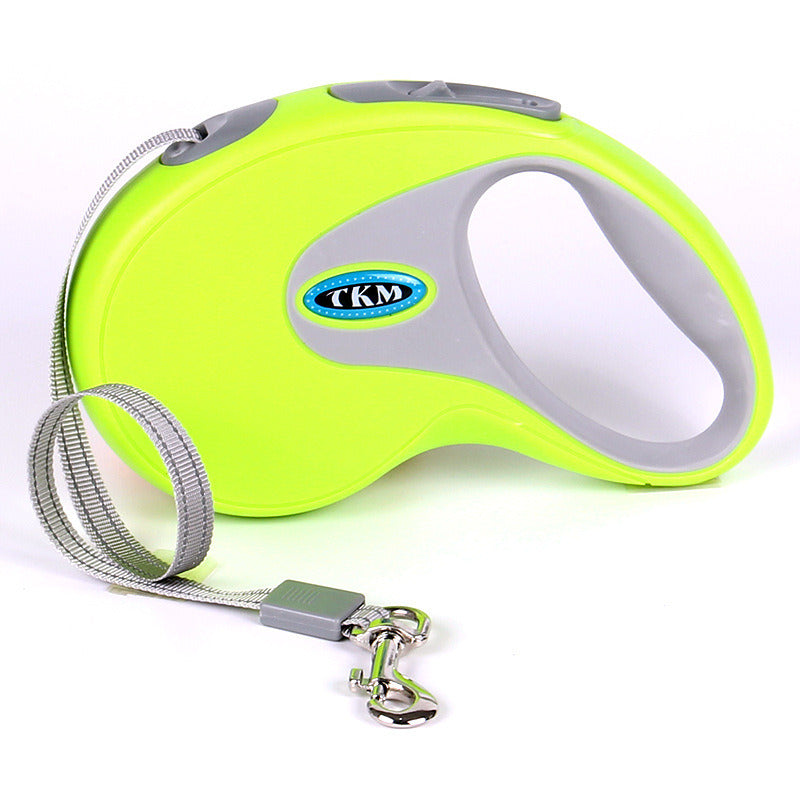 Green retractable pet leash reel with grey handle, nylon cord, and chrome snap hook