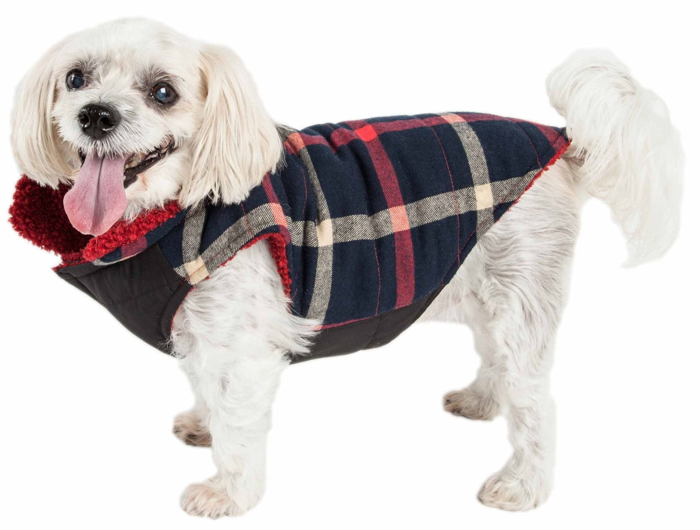 Plaid insulated dog coat with red fleece collar, dark blue and cream check