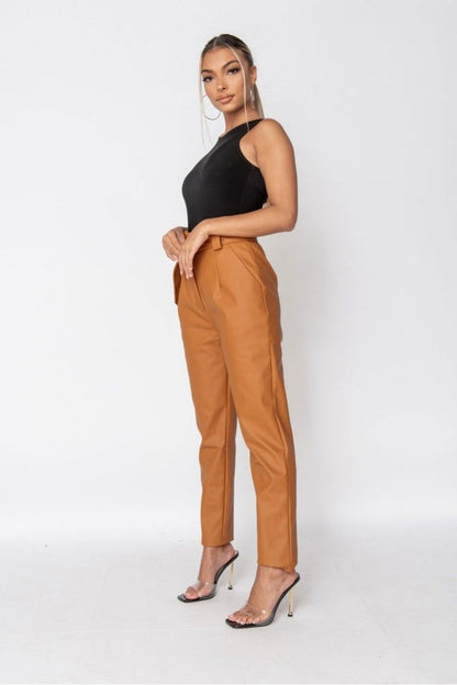 RUST FAUX LEATHER PAPERBAG WAIST TROUSERS