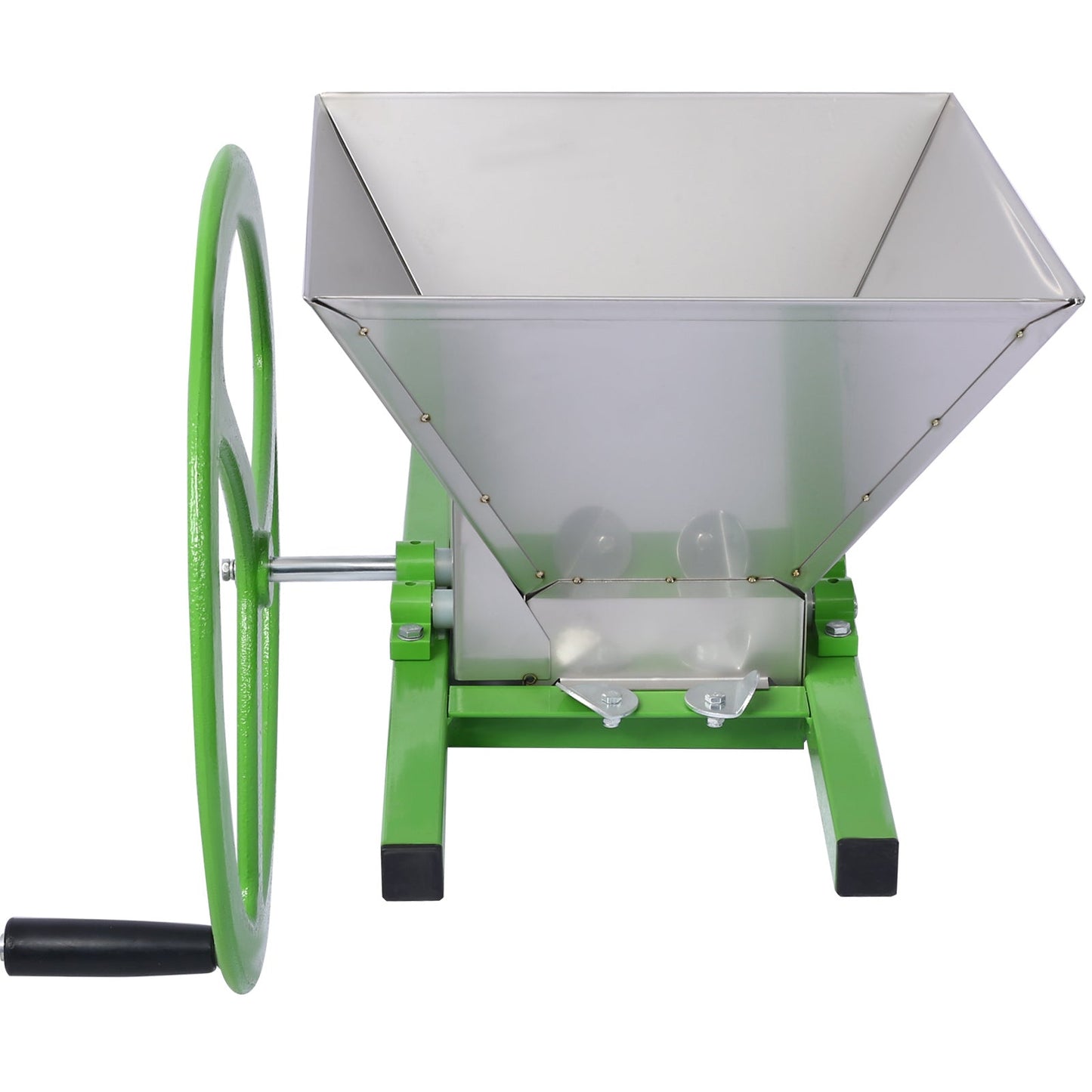 Manual juicer grinder side view with green frame, stainless hopper, and black handle