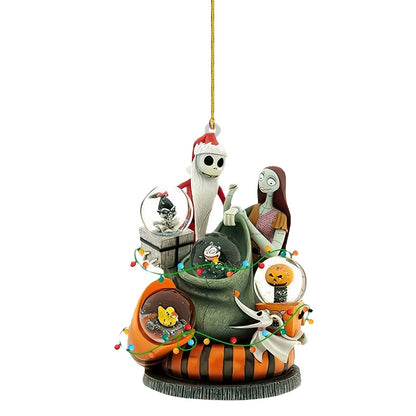 Acrylic pendant doll ornament of a jack-o’-lantern cauldron scene with skeleton figures.