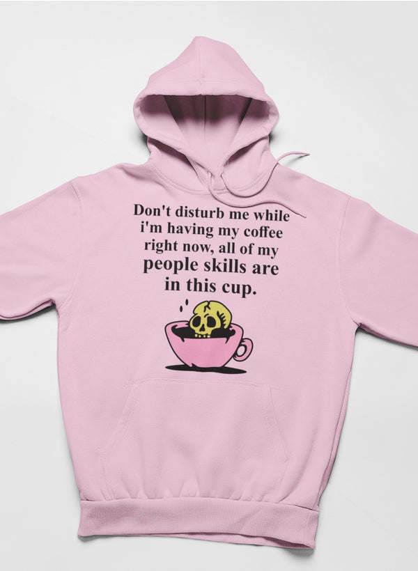 Pink hoodie with front coffee slogan and skull coffee cup graphic