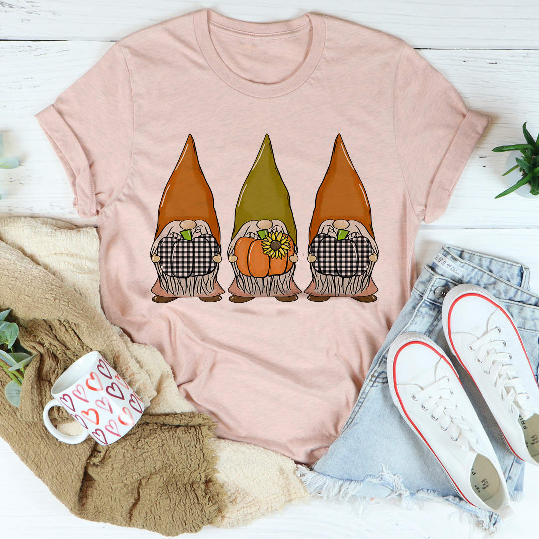 Mauve round-neck T-shirt featuring three pumpkin gnomes on the chest
