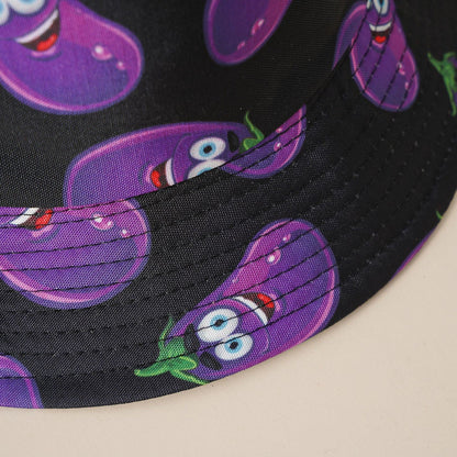 Fisherman hat with cartoon eggplant and vegetable pattern on dark base, purple accents