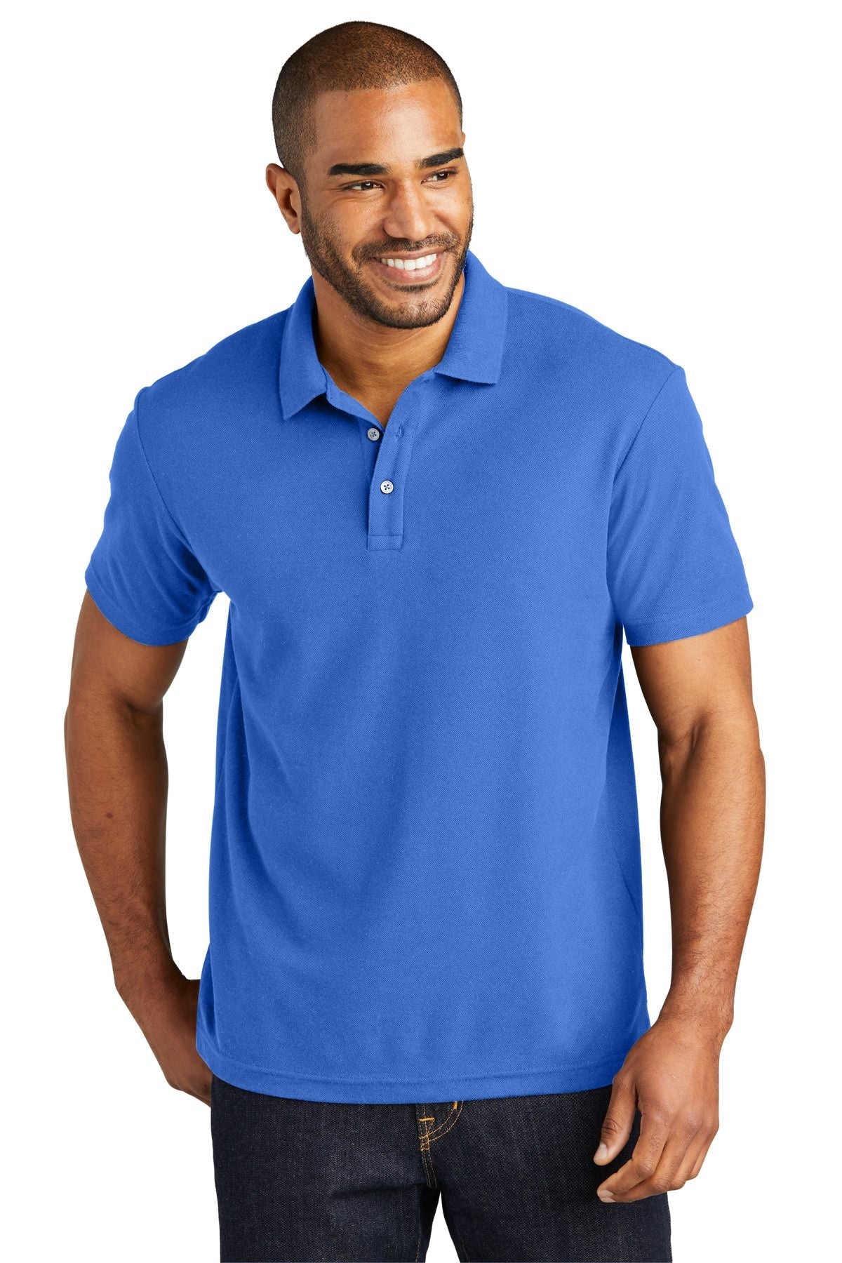 Cotton blend pique polo shirt in bright blue with short sleeves and button placket