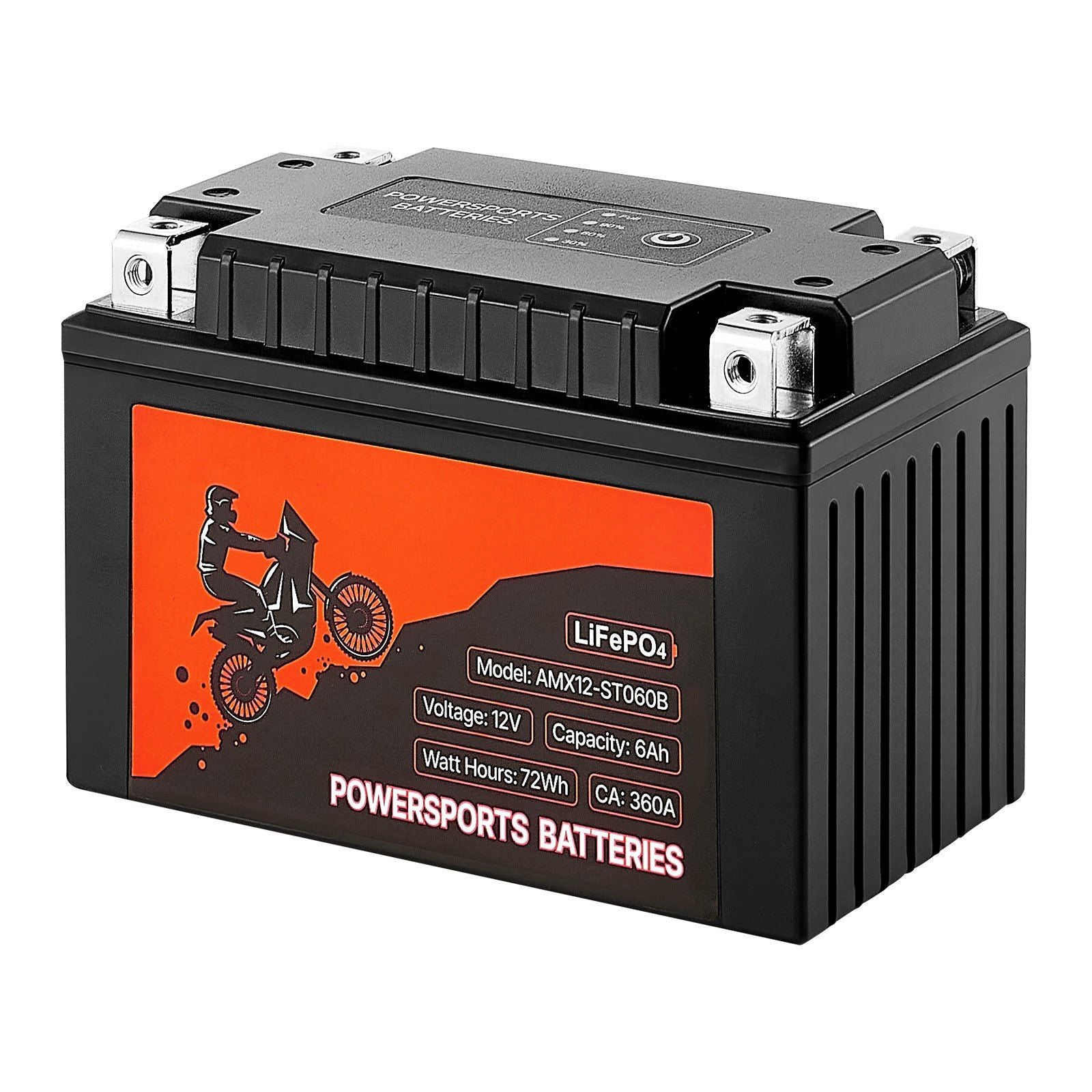 Black 12V LiFePO4 powersports battery with red label and top terminals