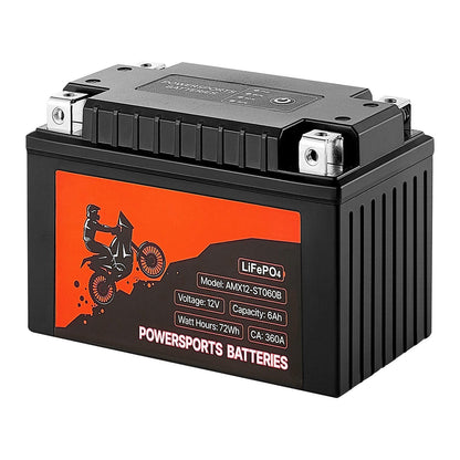 Black 12V LiFePO4 powersports battery with red label and top terminals