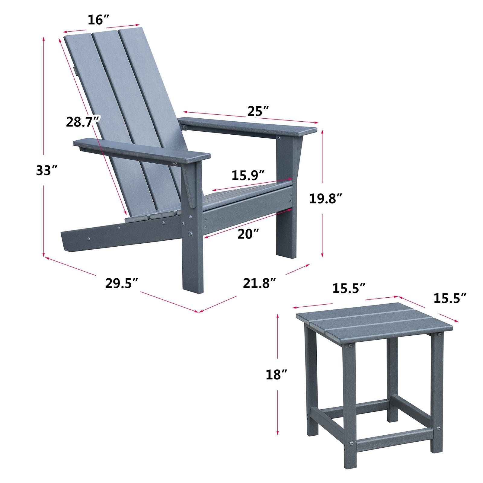 Dark grey Adirondack chair and side table size diagram with measurements