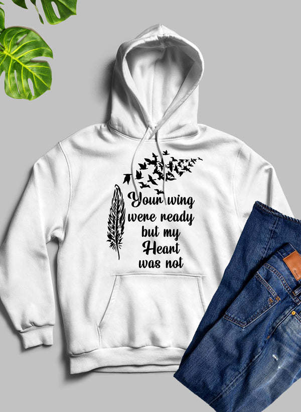 White hoodie with front graphic text, hood, and kangaroo pocket