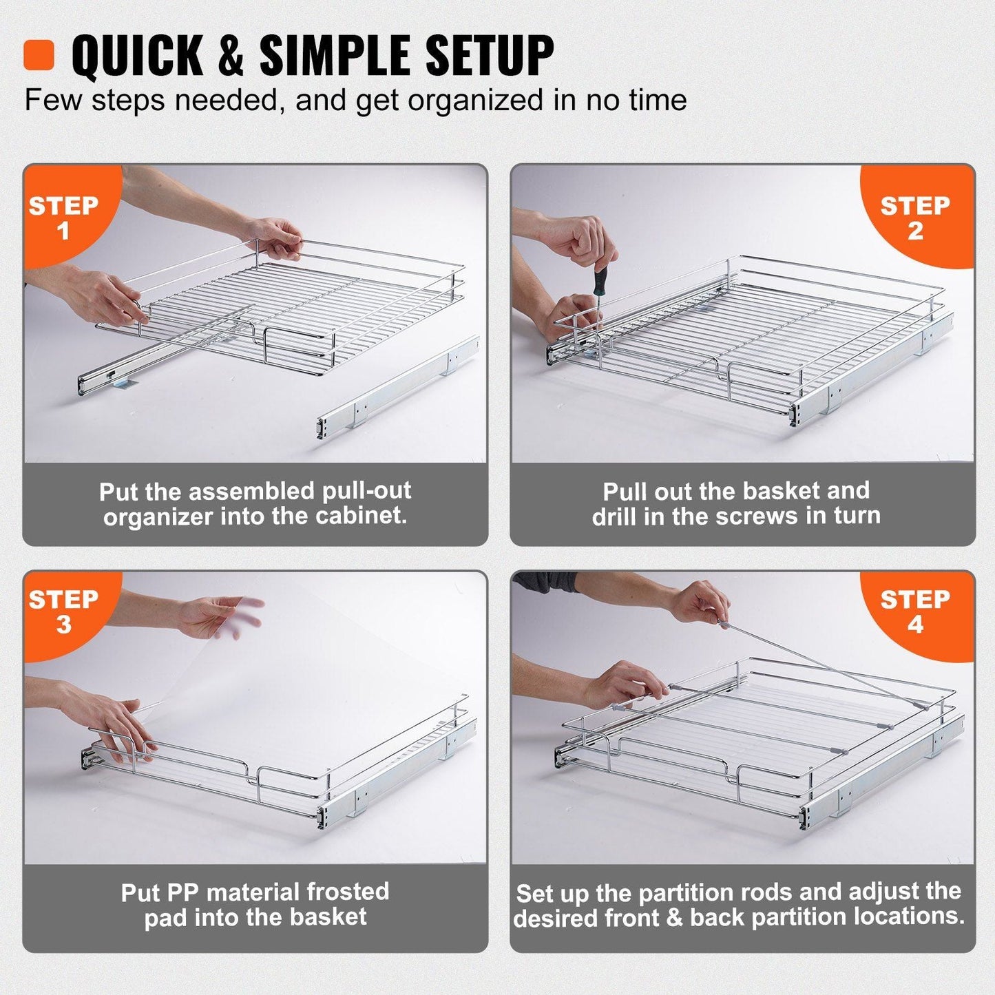 VEVOR 15.5"Wx21"Dx3.5"H Pull Out Cabinet Organizer, Heavy Duty Slide Out Pantry Shelves, Steel Roll Out Drawers, Sliding Drawer Storage for Home Under Sink, 17"Wx22"Dx7"H Install Size for Cabinet