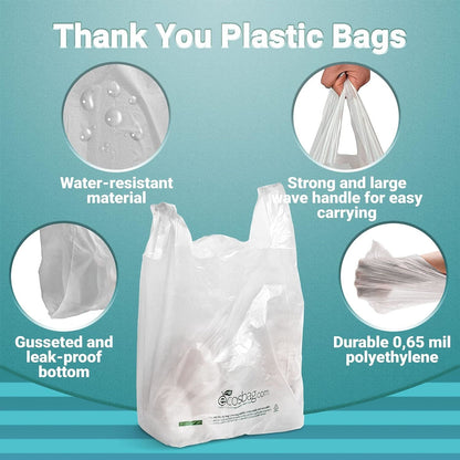 Pack of 1000 Earth Friendly Grocery Bags; White 11.5 x 6.5 x 21. Carry-Out T-Shirt Bags 11 1/2 x 6 1/2 x 21. Preprinted Shopping Poly Bags; 0.65 mil. Handle Plastic Bags for Store or Restaurant.