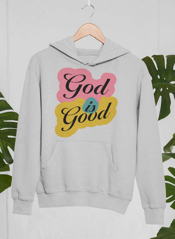 Heather gray hoodie with front heart graphic reading "God is Good" and kangaroo pocket