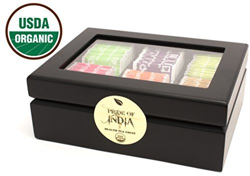Black tea bag chest with lid and USDA Organic seal, showing assorted sachet boxes.