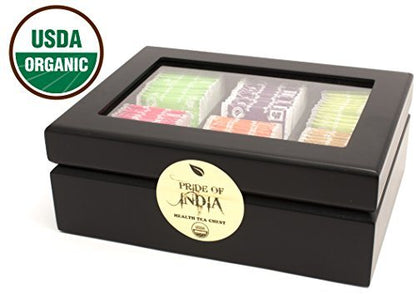 Black tea bag chest with lid and USDA Organic seal, showing assorted sachet boxes.