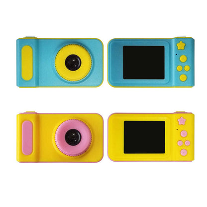 Kids mini digital video camera set, blue and yellow bodies with lens and screen