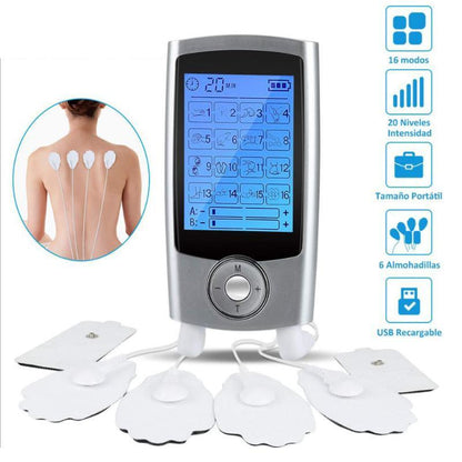 Sore No More relaxer device with white adhesive electrodes and lead wires