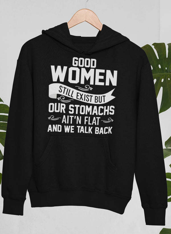 Black pullover hoodie with front graphic text and kangaroo pocket