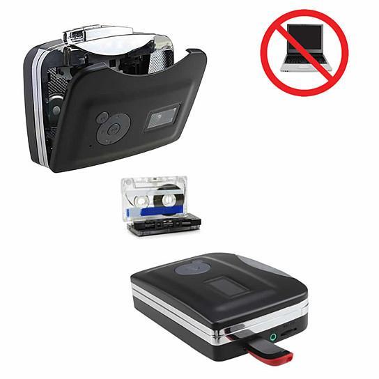 Portable cassette-to-MP3 converter, compact black body with LCD screen
