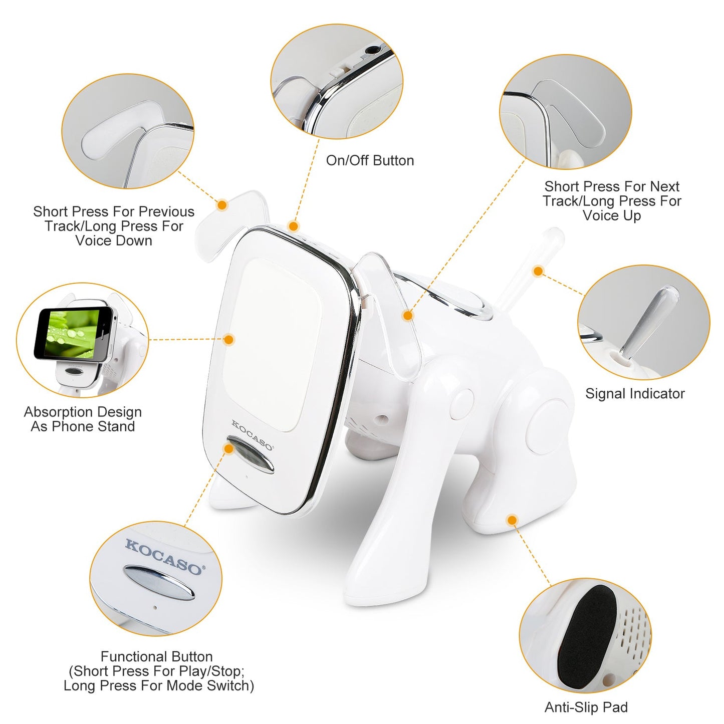 White puppy-shaped wireless speaker showing button and ports on side and back