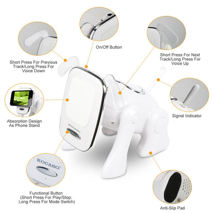 White puppy-shaped wireless speaker showing button and ports on side and back