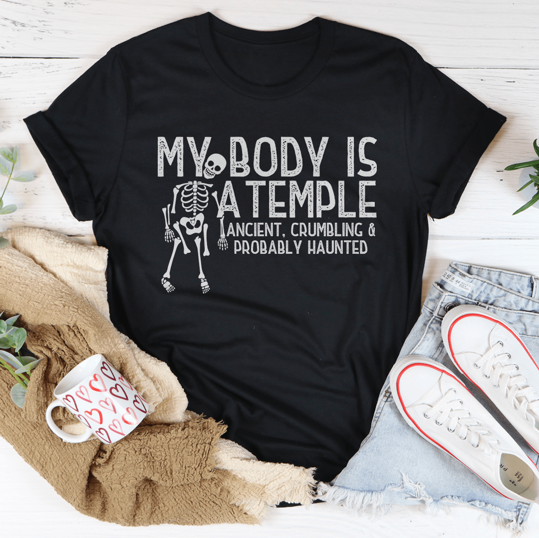 Black Halloween graphic T-shirt with skeleton temple text design