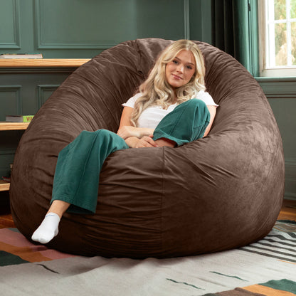 Dark brown cocoon bean bag chair with plush rounded cover for lounging
