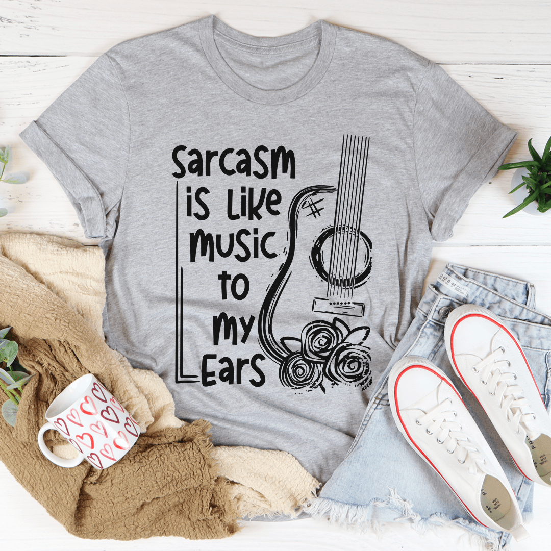 Heather gray crew-neck T-shirt with black music and ears graphic