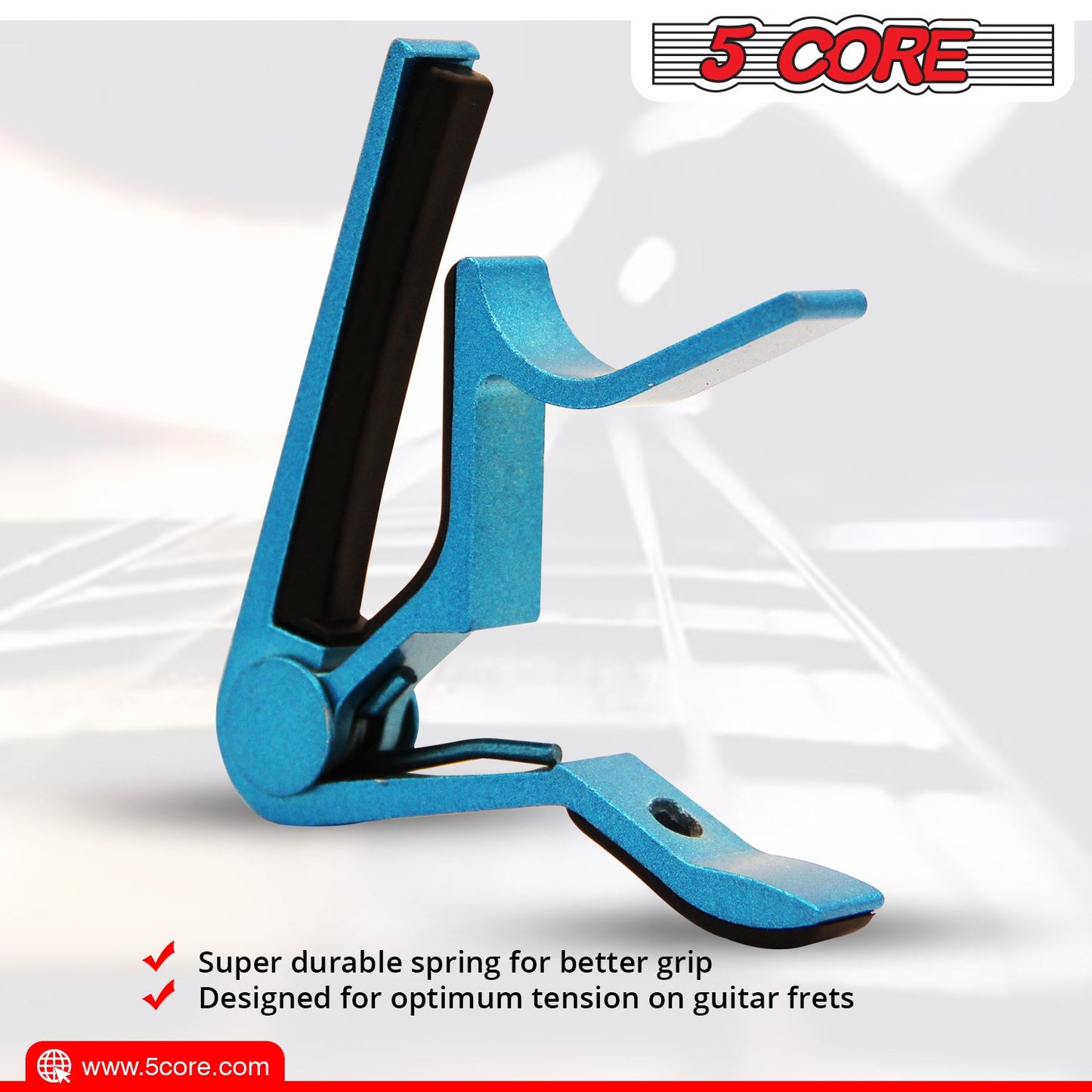 Blue guitar capo with black clamping bar and spring mechanism, angled view.