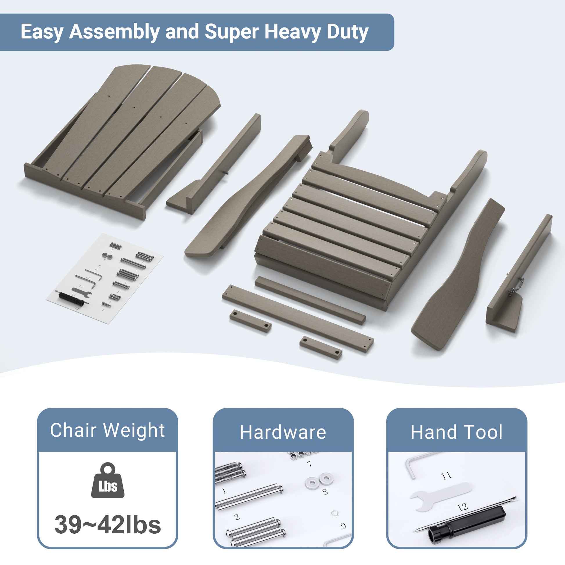 Folding Adirondack-style patio chair parts set with backrest panel, arm rests, and hardware.