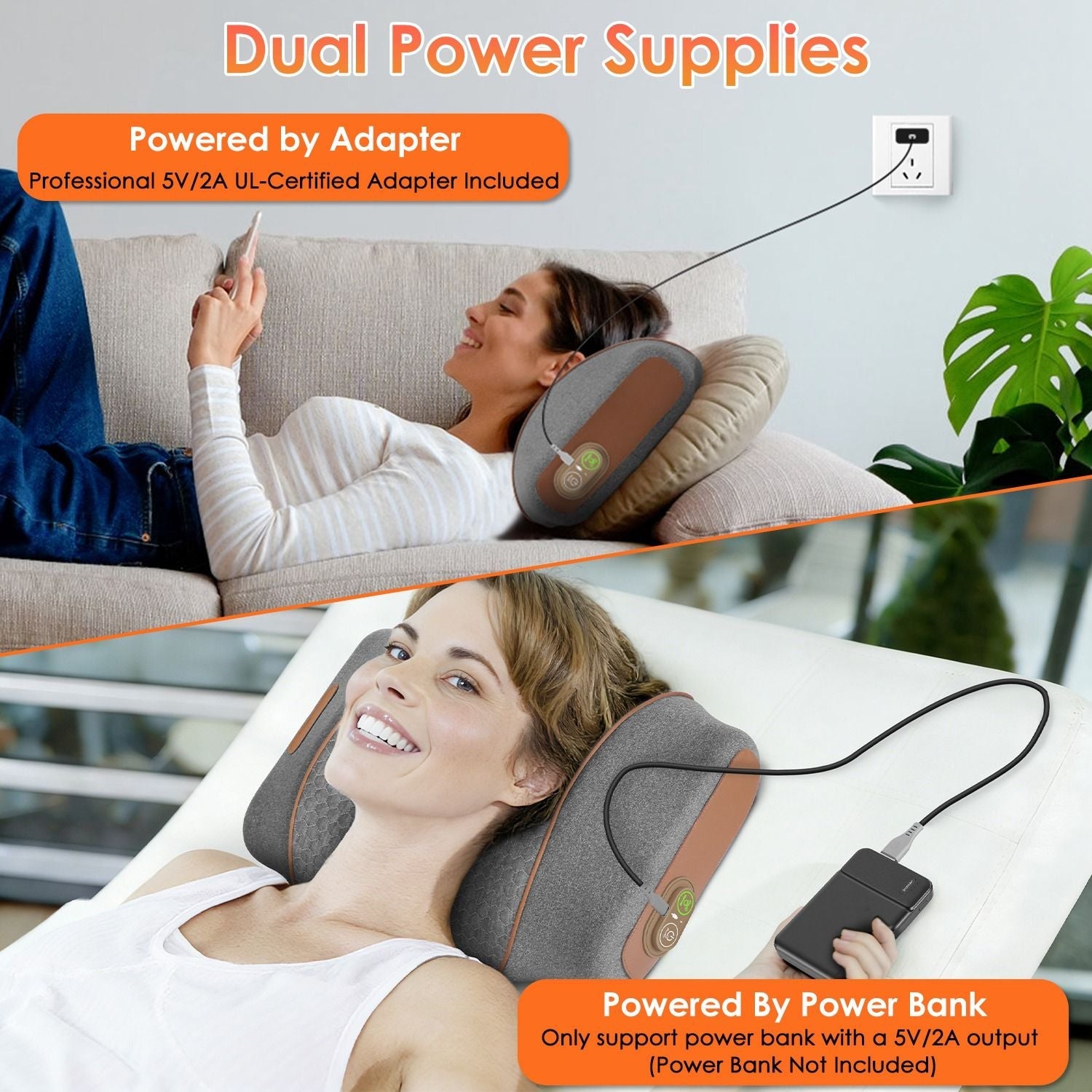 3-in-1 neck massager pillow with power adapter and cable connection, dark grey cover