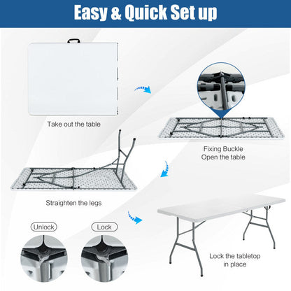 White portable folding camping table showing legs locking in place with carry case