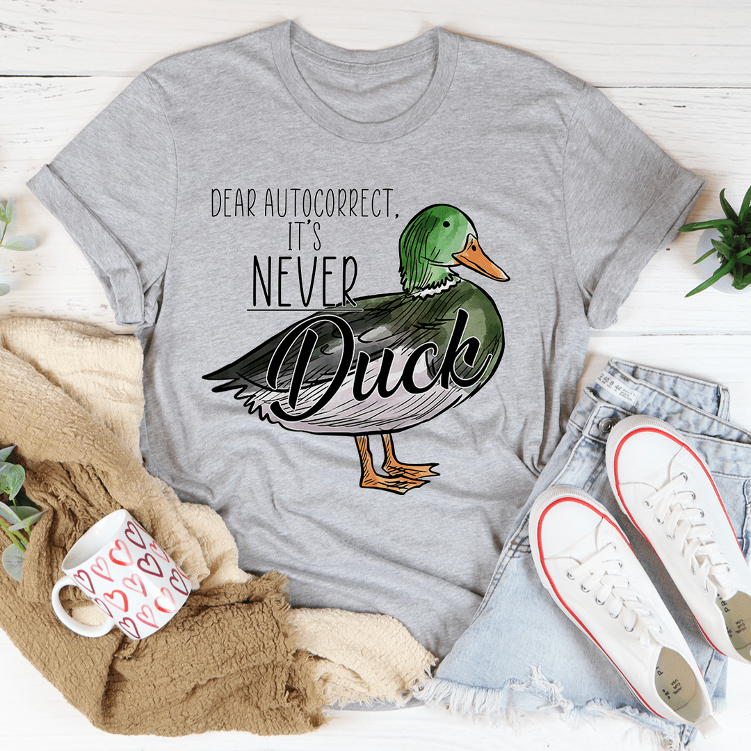 Heather gray T-shirt with green duck graphic and 'Never' slogan text, crew neck.