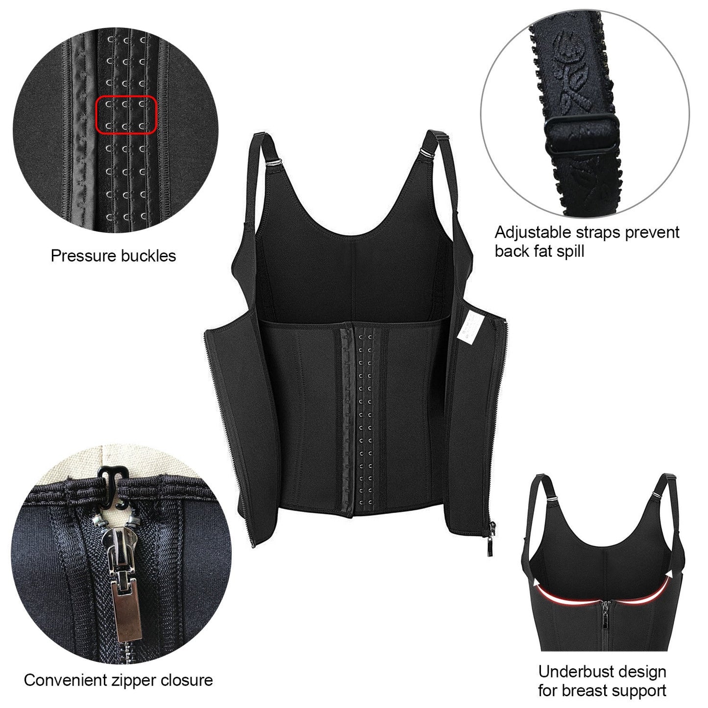 Black waist trainer corset with pressure buckle panel, zipper closure, and adjustable straps.
