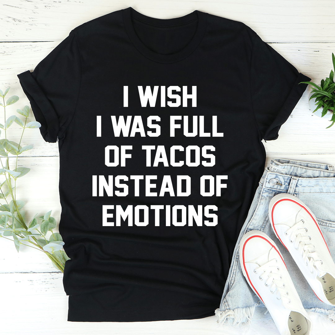 Black crew-neck T-shirt featuring bold taco slogan text