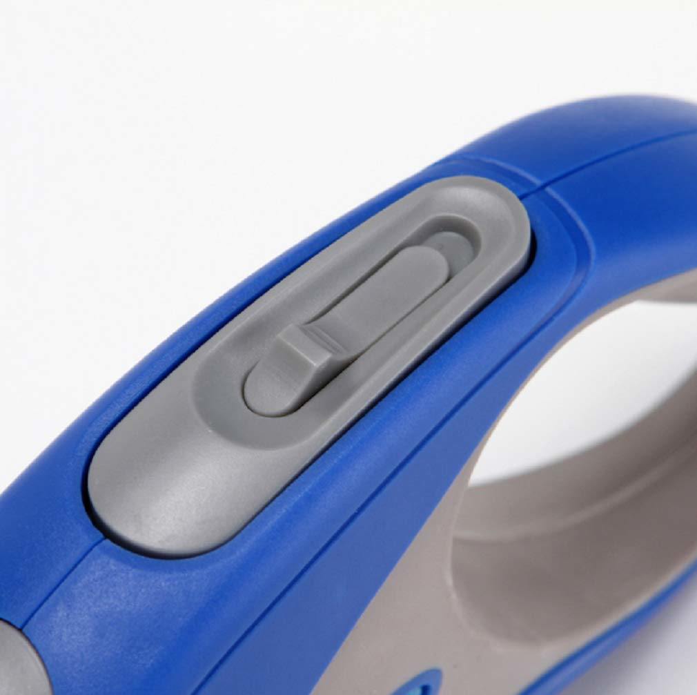 Retractable pet leash reel with blue body and grey lock button on top